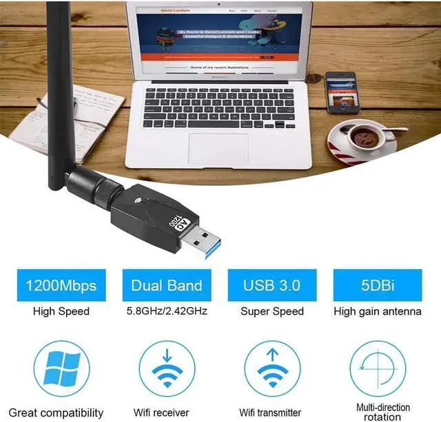 Alt view image 5 of 7 - USB WiFi Adapter for PC AC1200Mbps Wireless Network Adapter for Desktop with 2.4GHz/5GHz High Gain Dual Band 5dBi Antenna, Supports Windows 10/8.1/8/7/XP, Mac OS 10.6-10.15,Vista,Linux