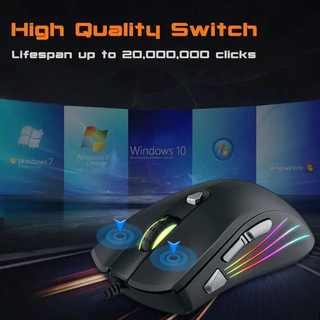 Alt view image 5 of 7 - 7200 DPI, 7 Programmable Buttons, LED Backlit, Ergonomic Optical PC, Comfortable Computer Gaming Mice for Windows 7/8/10/XP Vista Linux, Black