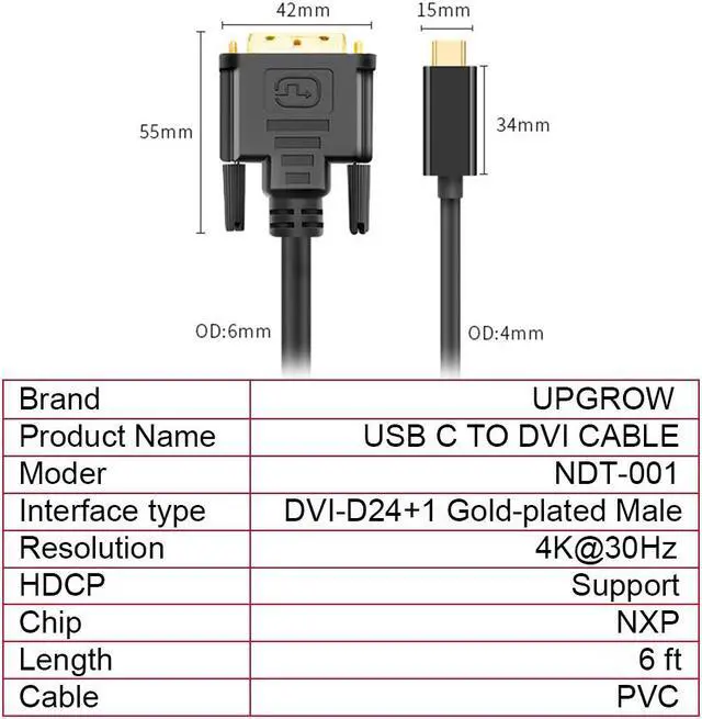 Alt view image 7 of 7 - USB C Type C to DVI Cable 4K 30Hz Thunderbolt to DVI Cable 6FT / 1.8M USB Type-C to DVI Female Support 2017-2020 MacBook Pro,Surface Book 2, Dell XPS 13,Galaxy S10