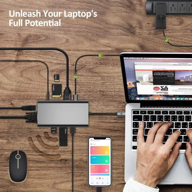 Alt view image 2 of 7 - 10in1USB C Hub,USB C Adapter, EUASOO 10 in Type C hub with 1000M RJ45 Ethernet, 4K HDMI, VGA, USB 3.0 Ports, PD 2.0 Charging Port, Card Reader, Audio Mic Port,Compatible for MacBook, Chromebook More