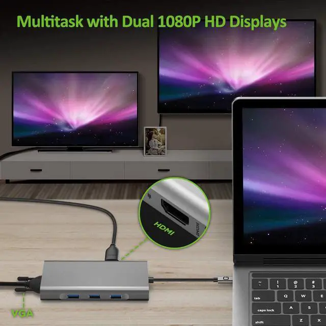 Alt view image 5 of 7 - 10in1USB C Hub,USB C Adapter, EUASOO 10 in Type C hub with 1000M RJ45 Ethernet, 4K HDMI, VGA, USB 3.0 Ports, PD 2.0 Charging Port, Card Reader, Audio Mic Port,Compatible for MacBook, Chromebook More