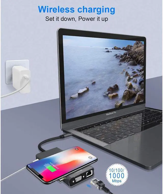 Alt view image 4 of 7 - 15 in 1 USB C Hub Multiport Adapter-Hieha USB-C Docking Station with 4K HDMI, VGA, Ethernet, Wireless Charging, 100W PD, 3 USB 3.0, SD/TF Card Reader Compatible for MacBook Pro and More Type C Laptops