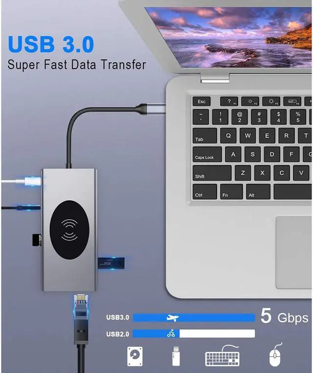 Alt view image 6 of 7 - 15 in 1 USB C Hub Multiport Adapter-Hieha USB-C Docking Station with 4K HDMI, VGA, Ethernet, Wireless Charging, 100W PD, 3 USB 3.0, SD/TF Card Reader Compatible for MacBook Pro and More Type C Laptops