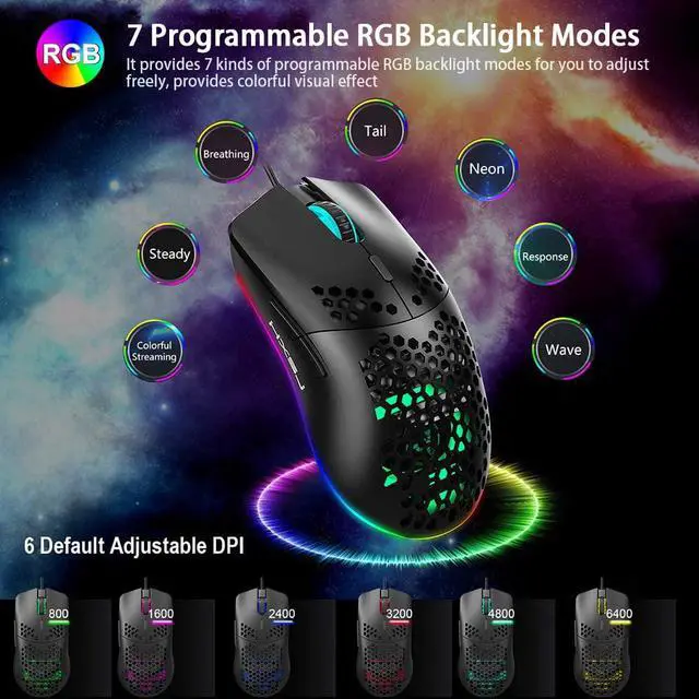 Alt view image 2 of 7 - Wired RGB Gaming Mice, USB Gaming Mouse, Honeycomb Lightweight Gaming Mouse with Backlight, up to 6400 DPI, Wired PC Gaming Mouse for Mac Laptop Computer