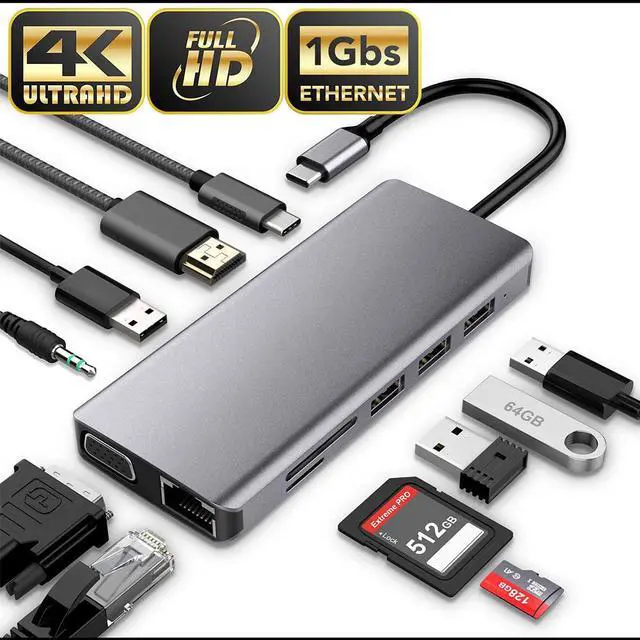 Main image of Updated Version USB C Hub, 11 in 1 USB C Adapter with Ethernet, 4K USB C to HDMI, VGA, 2 USB3.0 2 USB2.0 PD, SD TF Card Reader, Audio, Compatible Mac Pro and Other Type C Laptops