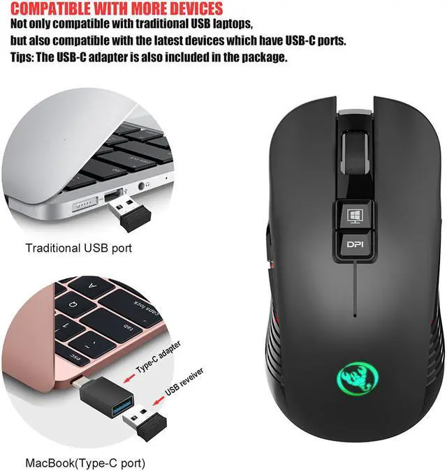 Alt view image 2 of 7 - 2.4G USB-C Wireless Mouse Rechargeable Gaming Mouse 3600DPI 7 Button Type-c Mute Mice for Macbook Laptop PC Game Mouse