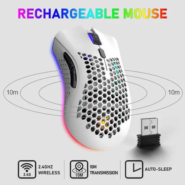 Alt view image 2 of 6 - Wireless Lightweight Gaming Mouse Honeycomb with 7 Button Multi RGB Backlit Perforated Ergonomic Shell Optical Sensor Adjustable DPI Rechargeable 800 mAh Battery USB Receiver for PC Mac Gamer
