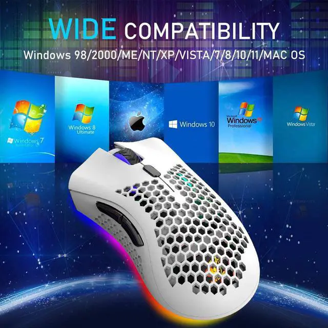 Alt view image 6 of 6 - Wireless Lightweight Gaming Mouse Honeycomb with 7 Button Multi RGB Backlit Perforated Ergonomic Shell Optical Sensor Adjustable DPI Rechargeable 800 mAh Battery USB Receiver for PC Mac Gamer
