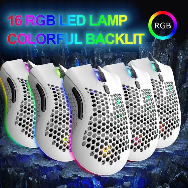 Alt view image 4 of 6 - Wireless Lightweight Gaming Mouse Honeycomb with 7 Button Multi RGB Backlit Perforated Ergonomic Shell Optical Sensor Adjustable DPI Rechargeable 800 mAh Battery USB Receiver for PC Mac Gamer