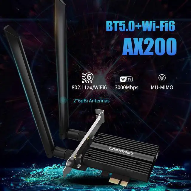 Alt view image 2 of 7 - AX200 WiFi 6 Card for PC| Bluetooth 5.0| 802.11ax| 3000Mbps Dual Band (2.4/5.8Ghz)| MU-MIMO OFDMA PCIe WiFi Card Ultra-Low Latency with Heat Sink, Support Windows 10 64-bit Only