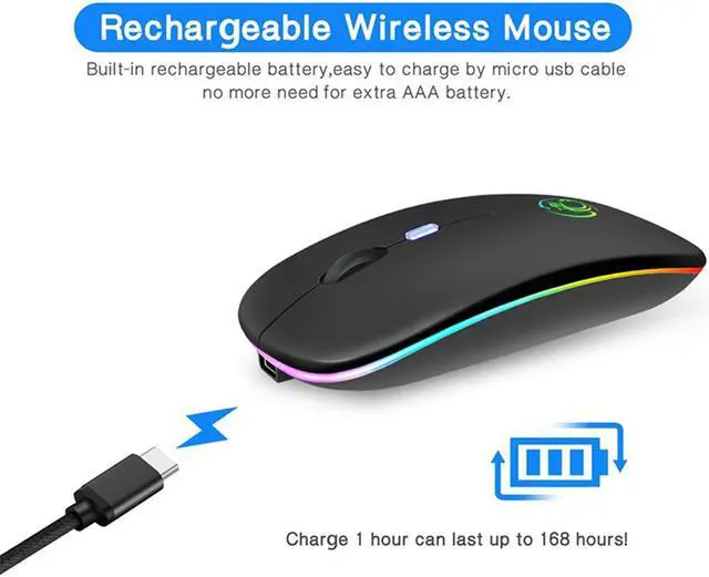 Alt view image 6 of 7 - Wireless Bluetooth Mouse Bluetooth RGB Rechargeable Mouse Wireless Computer Silent Mause LED Backlit Ergonomic Gaming Mouse for Laptop PC (Bluetooth Version, Black)