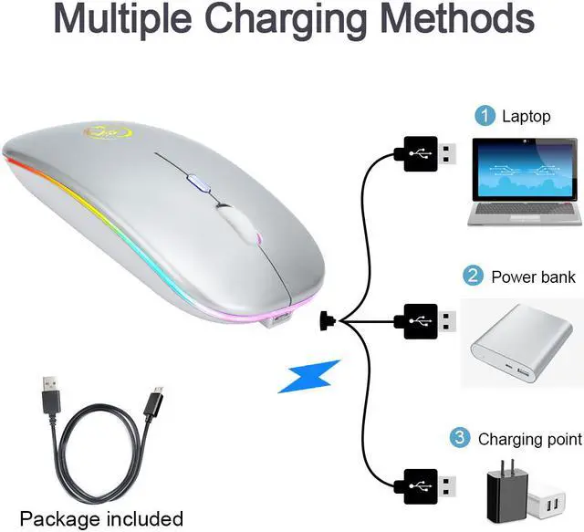 Alt view image 2 of 7 - Wireless Bluetooth Mouse Bluetooth RGB Rechargeable Mouse Wireless Computer Silent Mause LED Backlit Ergonomic Gaming Mouse for Laptop PC (Bluetooth Version, Silver)