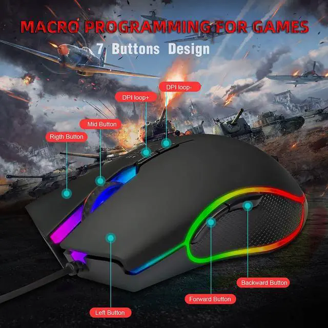 Alt view image 2 of 7 - USB Wired Mouse Gaming Mice 3200DPI 7 Buttons Optical Gaming Mouse Ergonomic Mouse with 4-color Breathing Light Mouse (Color: Black)