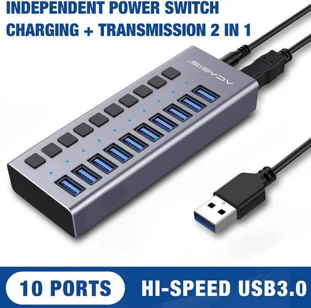 Alt view image 2 of 7 - Powered USB Hub - 10 Ports 48W USB 3.0 Data Hub - with Individual On/Off Switches and 12V/4A Power Adapter USB Hub 3.0 Splitter for Laptop, PC, Computer, Mobile HDD, Flash Drive and More