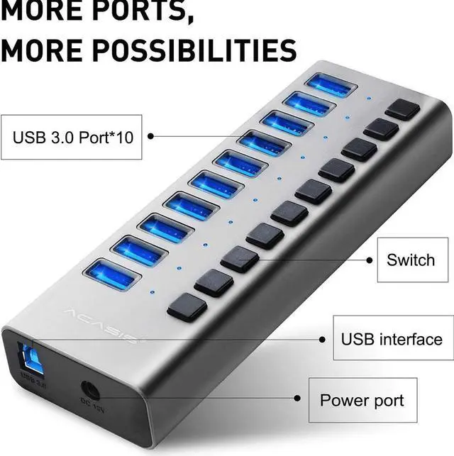 Alt view image 5 of 7 - Powered USB Hub - 10 Ports 48W USB 3.0 Data Hub - with Individual On/Off Switches and 12V/4A Power Adapter USB Hub 3.0 Splitter for Laptop, PC, Computer, Mobile HDD, Flash Drive and More