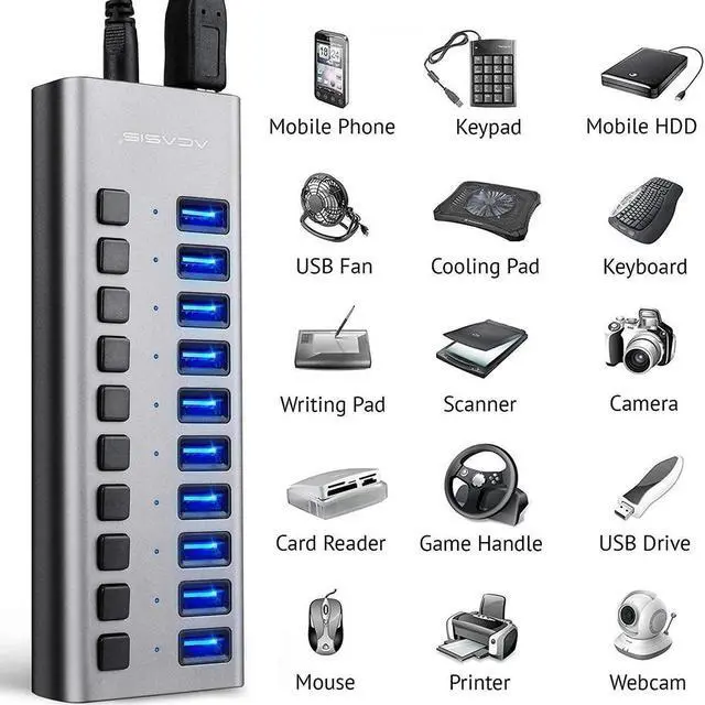 Alt view image 7 of 7 - Powered USB Hub - 10 Ports 48W USB 3.0 Data Hub - with Individual On/Off Switches and 12V/4A Power Adapter USB Hub 3.0 Splitter for Laptop, PC, Computer, Mobile HDD, Flash Drive and More