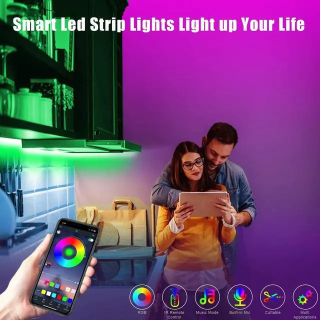 Alt view image 4 of 7 - 50ft/15M LED Flexible Strip Lights, LED Lights Strip RGB LED Strip Music Sync Color Changing LED Strip Lights APP Bluetooth Controll + Remote, LED Lights for Bedroom,Party and Home Decoration