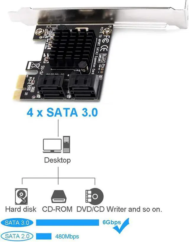 Alt view image 2 of 7 - PCIe SATA Card, 4 Port with 4 SATA Cable, SATA Controller Expansion Card with Low Profile Bracket, Marvell 9215 Non-Raid, Boot as System Disk, Support 4 SATA 3.0 Devices