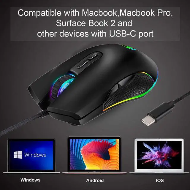 Alt view image 4 of 7 - USB C Mouse, Ergonomic Type-C Mouse with Backlight, up to 3200 DPI, RGB Wired Gaming Mouse for MacBook Pro, Matebook X, MacBook 12", Chromebook, HP OMEN and More USB Type C Devices (USB C Port)