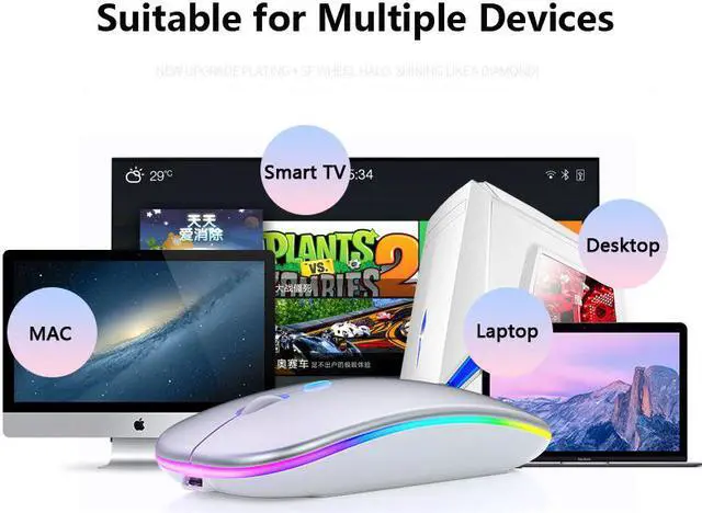 Alt view image 3 of 7 - Slim Mini Wireless Bluetooth Mouse Rechargeable Silent LED Backlit Mice 2.4GHz USB Adjustable DIP Optical Mouse for Laptop Computer PC