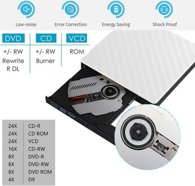 Alt view image 4 of 7 - External DVD CD Driver, USB 3.0 Portable Slim Burner DVD+/-RW Writer Plug and Play DVD/CD-ROM Rewriter CD Player for PC Laptop, Notebook, Desktop Supports Mac OS, Windows 10/8/7/XP/Vista (White)