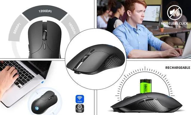 Alt view image 7 of 7 - Silent Wireless Mouse Rechargeable Durable Slim Mice 2.4G Wireless Mice 3 DPI Adjustable 6 Buttons for Notebook, PC Computer Mouse (Black)