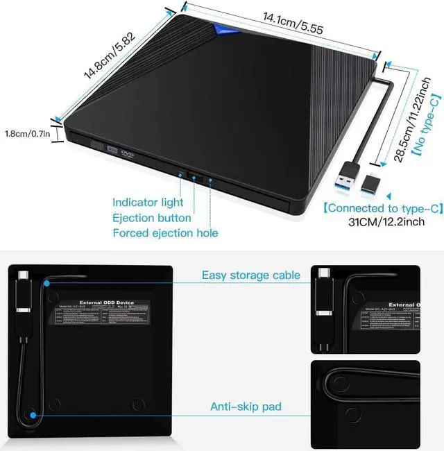 Alt view image 6 of 7 - External CD DVD Drive, USB 3.0 Portable Slim CD DVD +/-RW Drive DVD/CD Rom Rewriter Burner, Optical DVD Drive for Macbook, Laptop, Desktop, Windows 7/8/8.1/10/XP/Vista/Mac OS/Linux (Black)