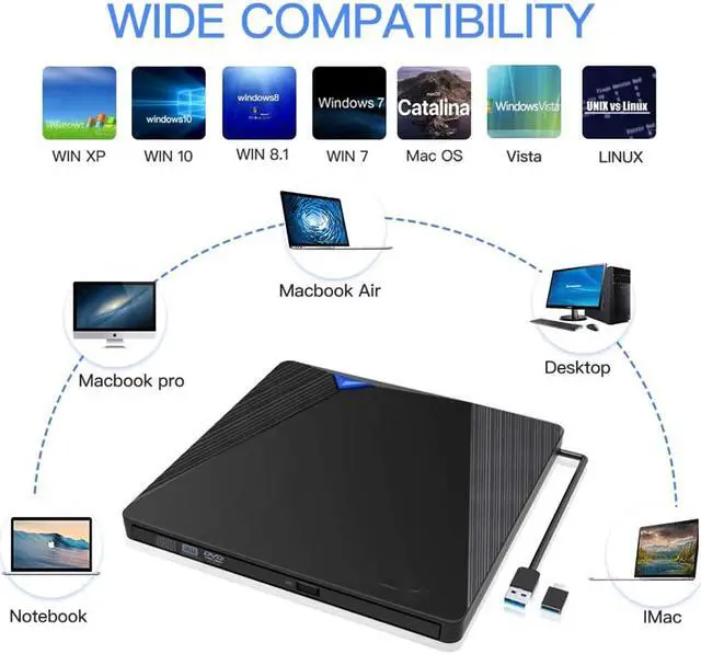 Alt view image 3 of 7 - External CD DVD Drive, USB 3.0 Portable Slim CD DVD +/-RW Drive DVD/CD Rom Rewriter Burner, Optical DVD Drive for Macbook, Laptop, Desktop, Windows 7/8/8.1/10/XP/Vista/Mac OS/Linux (Black)
