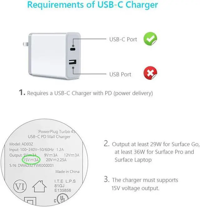 Alt view image 7 of 7 - 6ft Nylon Braided Surface Connect to USB-C Charging Cable Compatible for Microsoft Surface Pro7 Go2 Pro6 5/4/3 Surface Laptop1/2/3 & Surface Book, Works with 45W 15V3A USBC Charger (Black, 1.8 Meters)