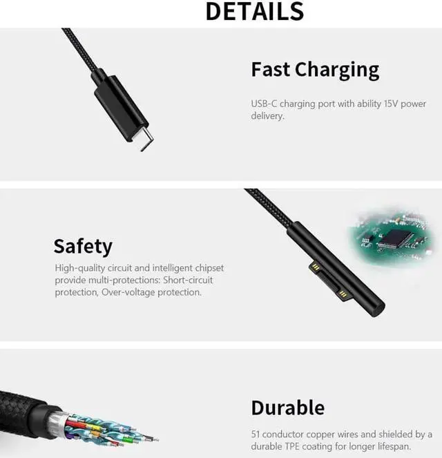 Alt view image 4 of 7 - 6ft Nylon Braided Surface Connect to USB-C Charging Cable Compatible for Microsoft Surface Pro7 Go2 Pro6 5/4/3 Surface Laptop1/2/3 & Surface Book, Works with 45W 15V3A USBC Charger (Black, 1.8 Meters)