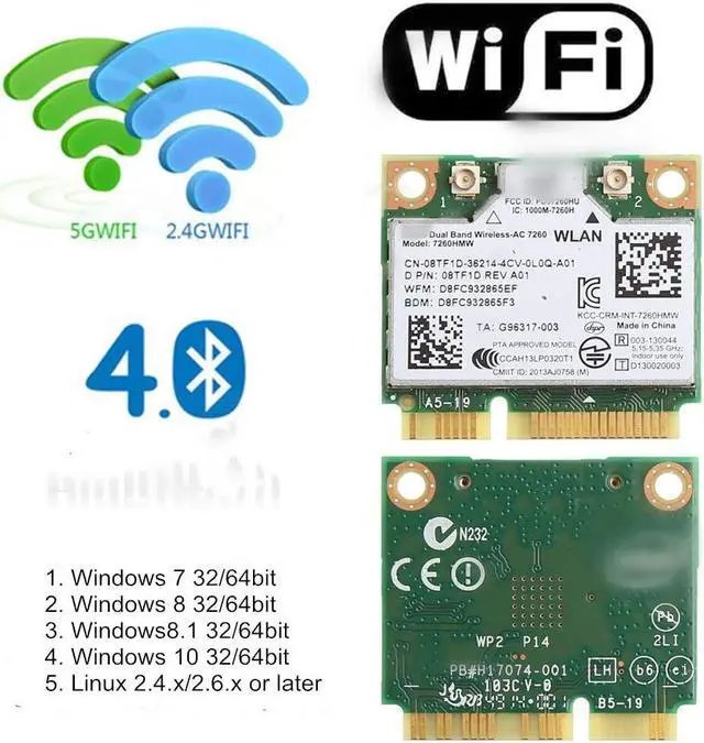 Alt view image 3 of 7 - Mini pcie WiFi Card Dual Band Wireless AC 7260 PCI Express Card 802.11ac 2x2 Wi-Fi 7260hmw Bluetooth 4.0 PCIe Half WiFi Card 802.11 b/a/g/n/ac for Laptop Window 7 8 8.1 10 Linux 2.4.x/2.6.x or Later
