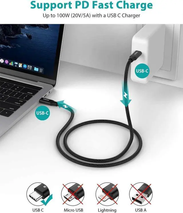 Alt view image 2 of 7 - USB C to USB C 3.1 Gen 2 Cable 10Gbps Data Transfer, 4K Video Output Monitor Cable 100W PD Fast Charging Compatible with Thunderbolt 3, MacBook Pro, iPad Pro, Galaxy S20, Google Pixel - 3.3FT / 1M