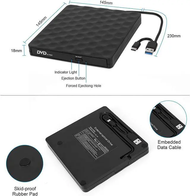 Alt view image 6 of 7 - External CD DVD Drive for Laptop, High-Speed Transfer USB 3.0 & USB Type C Slim Portable CD DVD +/-RW Optical Drive Burner Writer Reader with Type-C Adapter for PC Desktops, Compatible with PC Desktop
