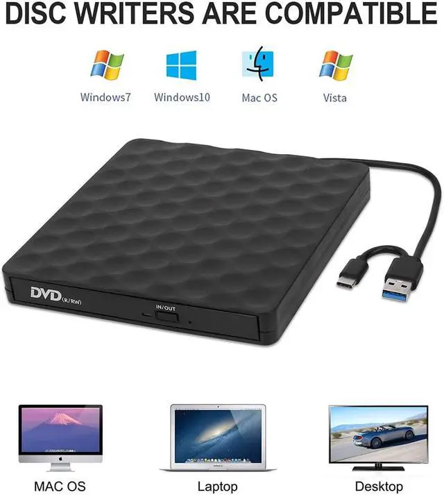 Alt view image 2 of 7 - External CD DVD Drive for Laptop, High-Speed Transfer USB 3.0 & USB Type C Slim Portable CD DVD +/-RW Optical Drive Burner Writer Reader with Type-C Adapter for PC Desktops, Compatible with PC Desktop