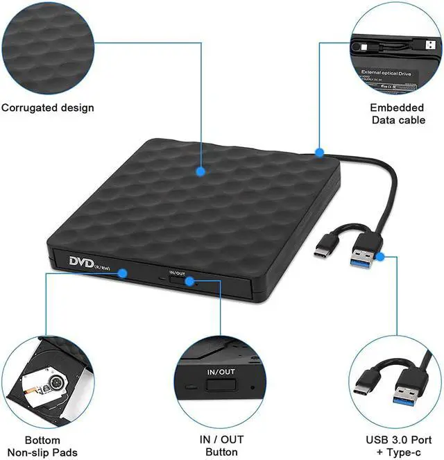 Alt view image 3 of 7 - External CD DVD Drive for Laptop, High-Speed Transfer USB 3.0 & USB Type C Slim Portable CD DVD +/-RW Optical Drive Burner Writer Reader with Type-C Adapter for PC Desktops, Compatible with PC Desktop