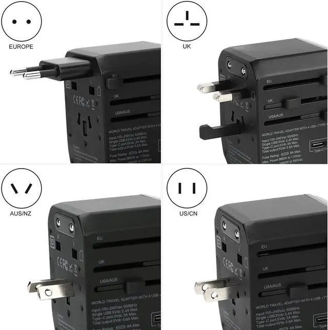 Alt view image 2 of 6 - Universal Travel Adapter One International Wall Charger AC Plug Adaptor with 5.6A Smart Power and and 3.0A USB Type-C for USA EU UK AUS (Color: Black)