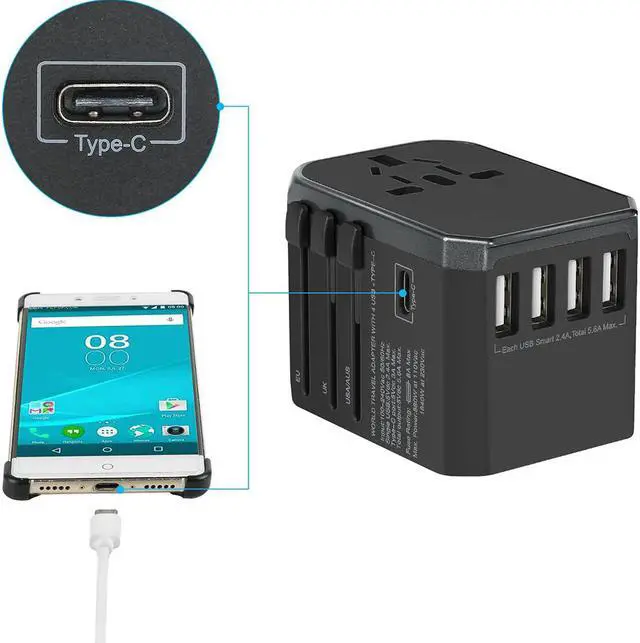 Alt view image 3 of 6 - Universal Travel Adapter One International Wall Charger AC Plug Adaptor with 5.6A Smart Power and and 3.0A USB Type-C for USA EU UK AUS (Color: Black)