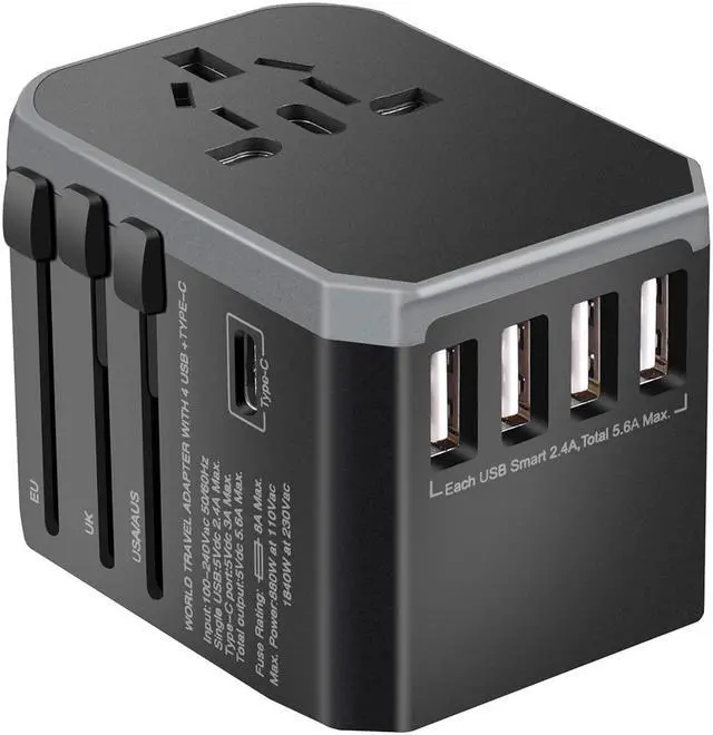 Main image of Universal Travel Adapter One International Wall Charger AC Plug Adaptor with 5.6A Smart Power and and 3.0A USB Type-C for USA EU UK AUS (Color: Black)