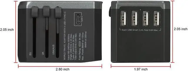 Alt view image 5 of 6 - Universal Travel Adapter One International Wall Charger AC Plug Adaptor with 5.6A Smart Power and and 3.0A USB Type-C for USA EU UK AUS (Color: Black)