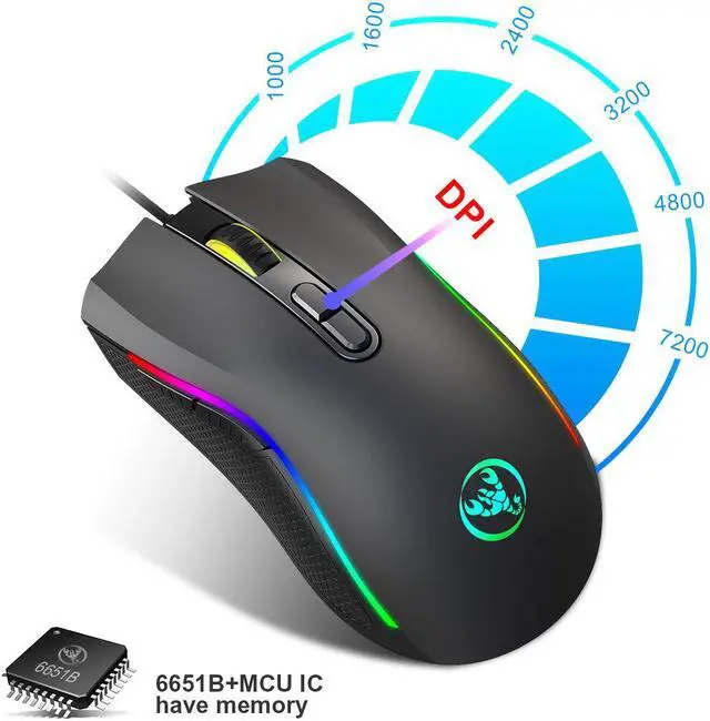 Alt view image 6 of 7 - Gaming Mouse Wired,7200 DPI Adjustable, 7 Programmable Buttons, 6 Kinds of RGB Backlit Gaming Mouse, Lightweight Mouse for Laptop PC Gamer Computer Desktop