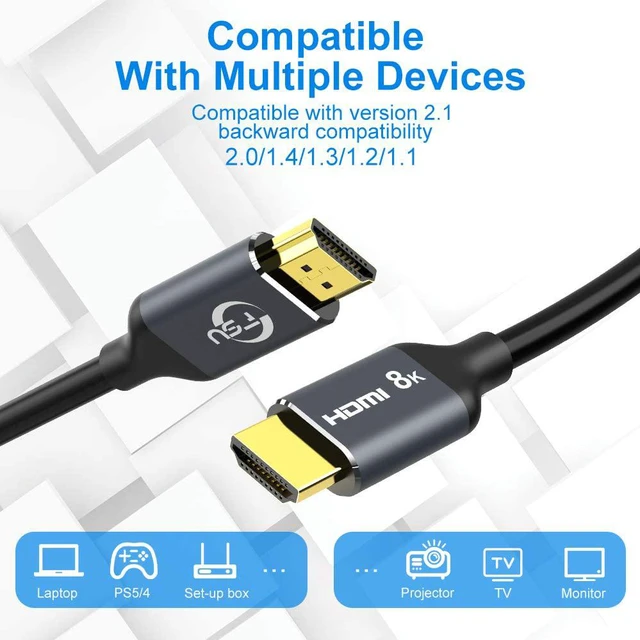 Alt view image 6 of 7 - 8K HDMI 2.1 Cable, 3.3FT/1M 48Gbps High Speed HDMI Cord, 8K@60Hz Ultra HD, 4K@120Hz, 144Hz eARC HDR10 4:4:4 HDCP 2.2&2.3, Compatible Laptop/Projector/Monitor/Fire TV Playstation 5/PS4
