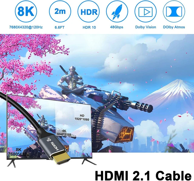 Alt view image 2 of 7 - 8K HDMI 2.1 Cable, 3.3FT/1M 48Gbps High Speed HDMI Cord, 8K@60Hz Ultra HD, 4K@120Hz, 144Hz eARC HDR10 4:4:4 HDCP 2.2&2.3, Compatible Laptop/Projector/Monitor/Fire TV Playstation 5/PS4
