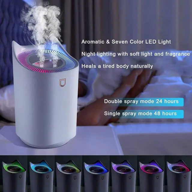 Alt view image 4 of 5 - 3L Cool Mist Humidifiers, Diffuser for Essential Oils,Quiet Ultrasonic Humidifier for Bedroom,Large Home,Baby Room,Plant,Up to 50 Hours Time with Adjustable Double Spray,Colorful Lights,Easy to Clean