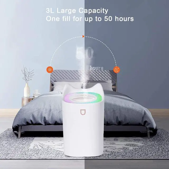 Alt view image 5 of 5 - 3L Cool Mist Humidifiers, Diffuser for Essential Oils,Quiet Ultrasonic Humidifier for Bedroom,Large Home,Baby Room,Plant,Up to 50 Hours Time with Adjustable Double Spray,Colorful Lights,Easy to Clean