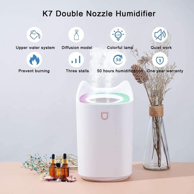 3L Cool Mist Humidifiers, Diffuser for Essential Oils,Quiet Ultrasonic  Humidifier for Bedroom,Large Home,Baby Room,Plant,Up to 50 Hours Time with  Adjustable Double Spray,Colorful Lights,Easy to Clean 