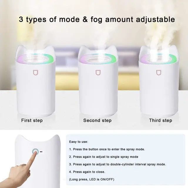 Alt view image 3 of 5 - 3L Cool Mist Humidifiers, Diffuser for Essential Oils,Quiet Ultrasonic Humidifier for Bedroom,Large Home,Baby Room,Plant,Up to 50 Hours Time with Adjustable Double Spray,Colorful Lights,Easy to Clean
