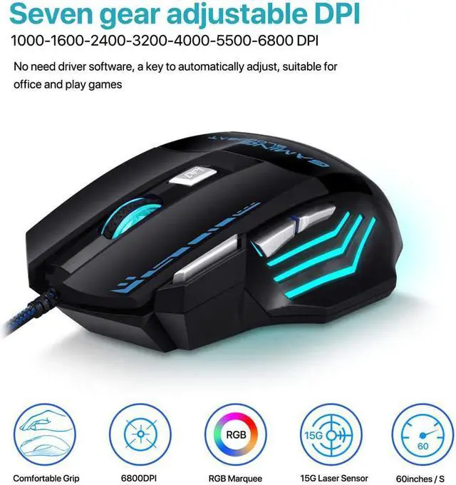 Alt view image 2 of 7 - USB Wired Gaming Mouse 6800 DPI 7 Buttons Optical Game Mice with led Backlight Ergonomic for overwatch Game Laptop Computer
