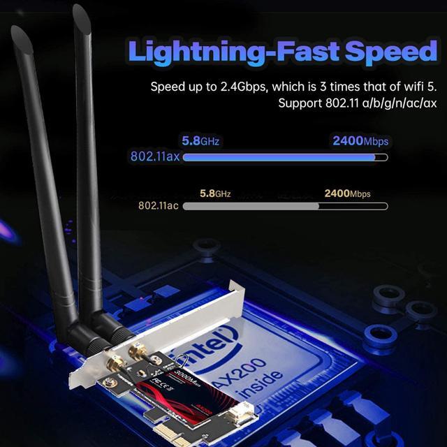 Alt view image 2 of 7 - New WiFi 6 PCIe WiFi Card 3000Mbps| 802.11AX Dual Band 2.4G/574M 5.8G/2400M Wireless Network Card | Bluetooth 5.0 | Intel AX200 | MU-MIMO |Low Latency |Support Win 10 with Shield Cover (Black)