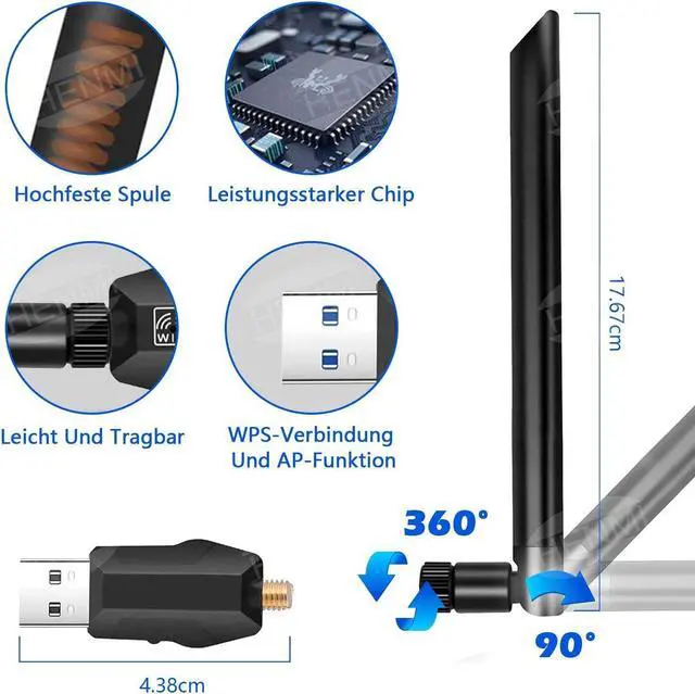 Alt view image 3 of 7 - Wifi Dongle, WLAN USB 3.0 Adapter Dual-band 1200 Mbps, for PC/desktop/laptop, Wireless Adapter 5.8G/867Mbps + 2.4G/300Mbps, PC Windows 10/XP/Win7/8/8.1/Linux/Mac OS