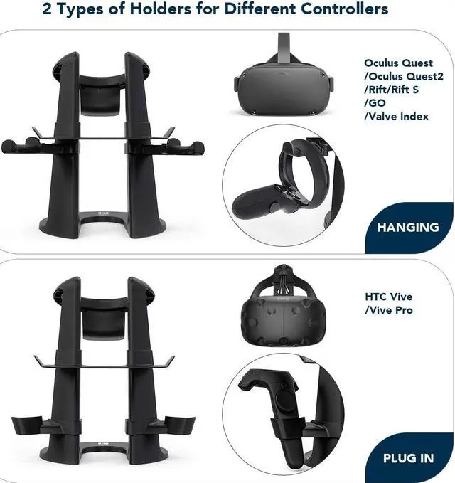 Alt view image 3 of 7 - VR Stand, Headset Display Holder and Controller Holder Mount Station for Oculus Quest/Quest 2/Rift/Rift S/GO/HTC Vive/Vive Pro/Valve Index VR Headset and Touch Controllers (Black)